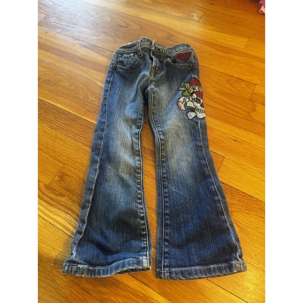 Vintage Ed Hardy Girls Studded Skull Jeans Adjustable Waist‎ Y2K Sz 4
